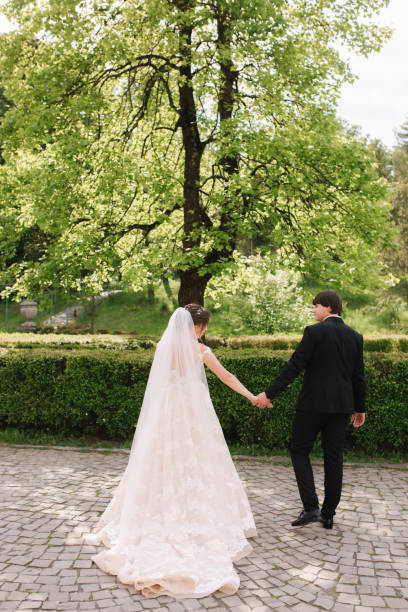 istock Groom and bride standing by the big tree in the park 1199532221