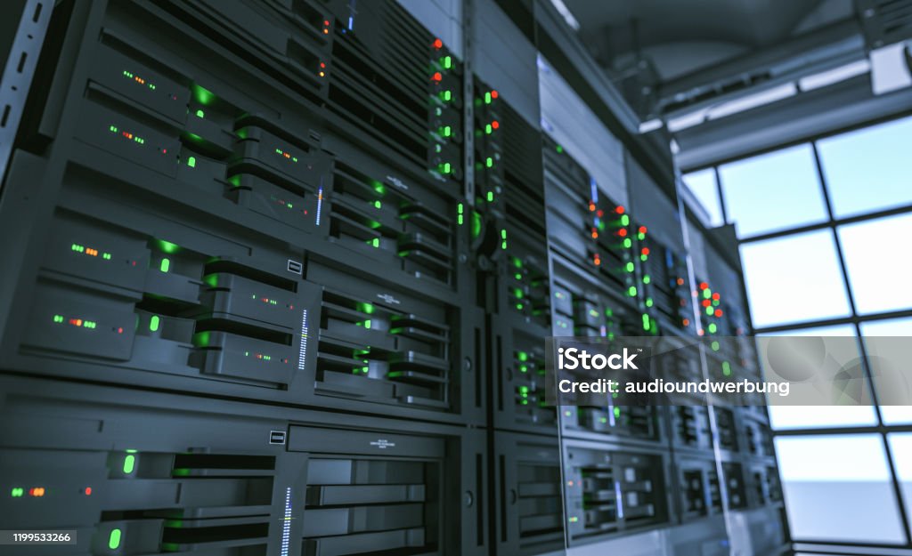 Server units in cloud service data center showing flickering light indicators for massive data connection bandwidth Data Stock Photo