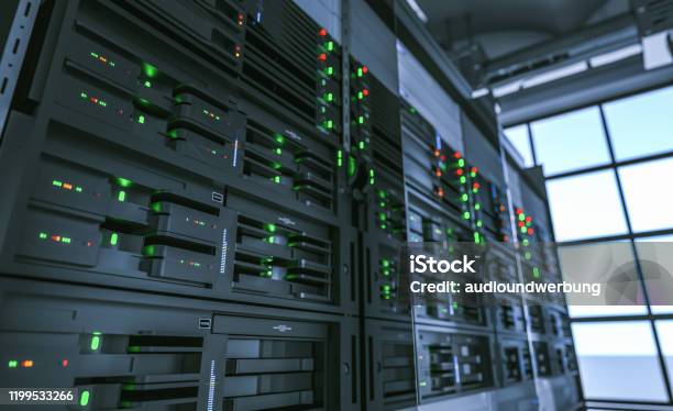 Server Units In Cloud Service Data Center Showing Flickering Light Indicators For Massive Data Connection Bandwidth Stock Photo - Download Image Now