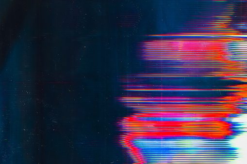 Screen damage. Digital glitch error. Colorful glow on teal blue background.