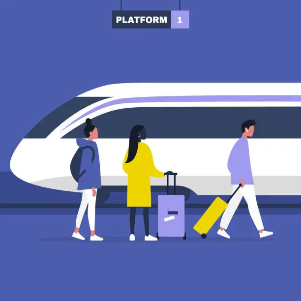 Vector illustration of High speed train locomotive, a group of young adult characters standing and walking on a platform with their luggage