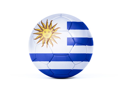 Isolated football or soccer ball in the Uruguay national colors of the flag for team support or a game draw in a championship competition or World Cup
