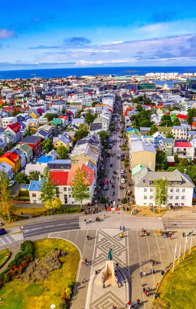 Photo of Leif Eriksson Statue Colorful Houses Streets Reykjavik Iceland