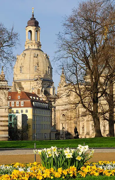 Spring in Dresden with the Church of Our Lady (Frauenkirche)