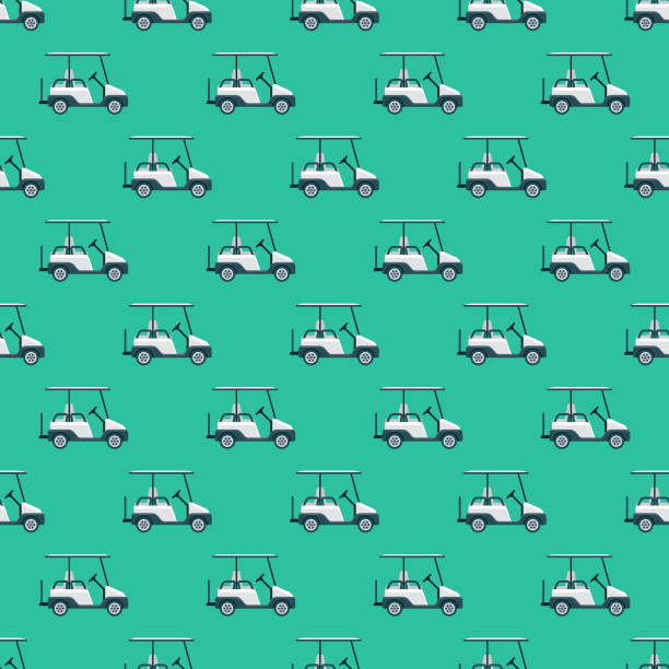 Golf Cart Pattern A seamless golf pattern created from a single flat design icon, which can be tiled on all sides. File is built in the CMYK color space for optimal printing and can easily be converted to RGB. No gradients or transparencies used, the shapes have been placed into a clipping mask. golf cart vector stock illustrations