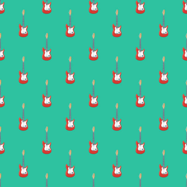 Music Guitar Pattern A seamless music pattern created from a single flat design icon, which can be tiled on all sides. File is built in the CMYK color space for optimal printing and can easily be converted to RGB. No gradients or transparencies used, the shapes have been placed into a clipping mask. guitar designs stock illustrations