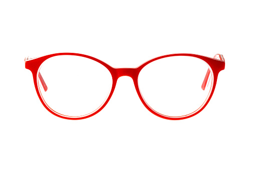 Glasses isolated on white background. Front view red glasses reading transparent in round frame, business or office style.