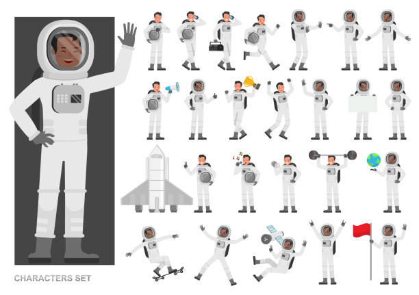 ilustraciones, imágenes clip art, dibujos animados e iconos de stock de conjunto de astronautas que trabajan diseño vectorial de caracteres. presentación en diversaacción con emociones, correr, pararse y caminar. - astronaut