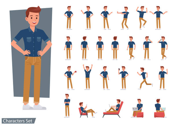 ilustraciones, imágenes clip art, dibujos animados e iconos de stock de conjunto de hombre lleva jeans azules camisa carácter diseño vectorial. presentación en diversaacción con emociones, correr, pararse y caminar. - grupo de iconos ilustraciones