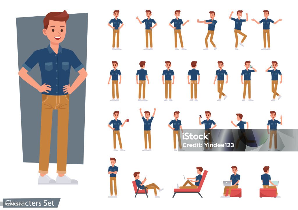 Set of man wear blue jeans shirt character vector design. Presentation in various action with emotions, running, standing and walking. Characters stock vector