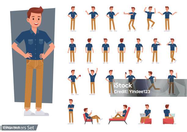 Set Of Man Wear Blue Jeans Shirt Character Vector Design Presentation In Various Action With Emotions Running Standing And Walking Stock Illustration - Download Image Now