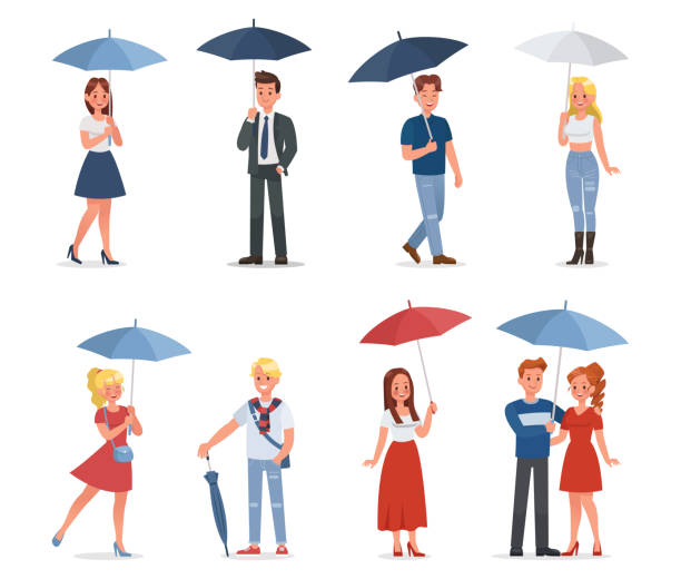 ilustrações de stock, clip art, desenhos animados e ícones de set of happy man and woman under umbrella vector character design - rain women umbrella parasol