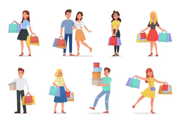 Vector illustration of set of man and woman shopping character with boxes and paper bags vector design