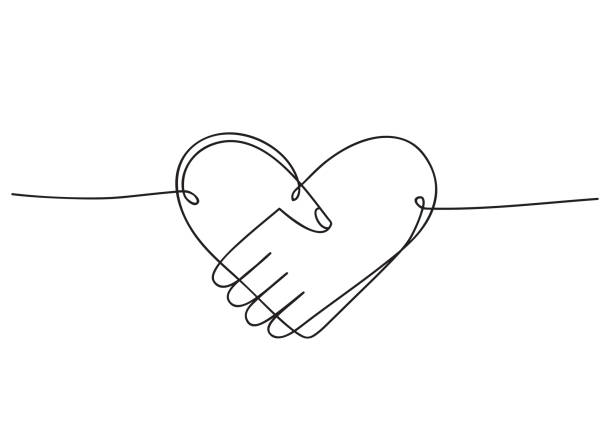 bildbanksillustrationer, clip art samt tecknat material och ikoner med heart of handshake som vänskap och kärlek ikon. kontinuerlig linje konst ritning. handritad doodle vektor illustration i en sammanhängande linje. linje konst dekorativ design - logotyp illustrationer