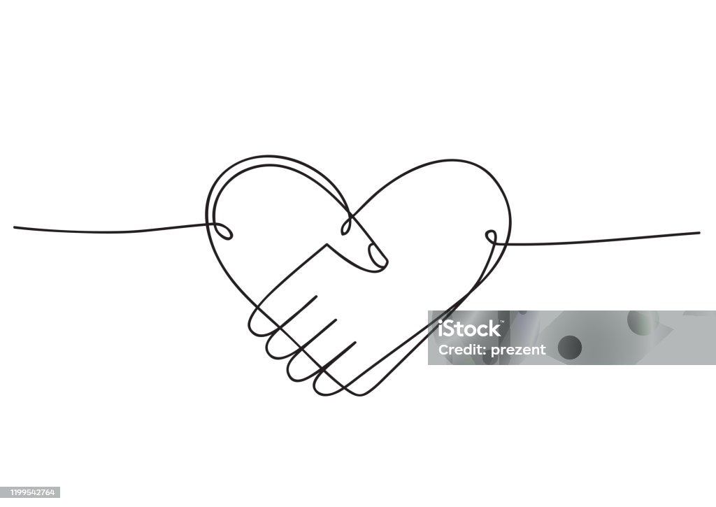 Heart of handshake as friendship and love icon. Continuous line art drawing. Hand drawn doodle vector illustration in a continuous line. Line art decorative design Support stock vector