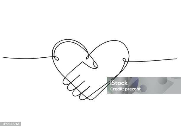 Heart Of Handshake As Friendship And Love Icon Continuous Line Art Drawing Hand Drawn Doodle Vector Illustration In A Continuous Line Line Art Decorative Design Stock Illustration - Download Image Now