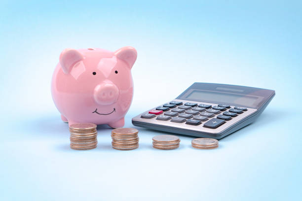 Pink piggy bank home car blue background