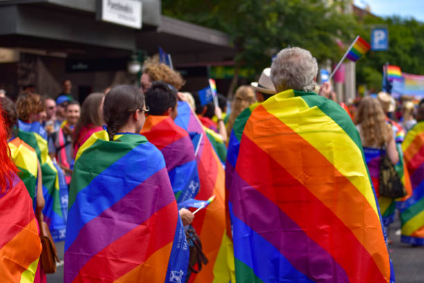People in the march of 2016 Midsumma Festival Gay Pride for celebrating the right of LGBTQ in Melbourne, Australia stock photo