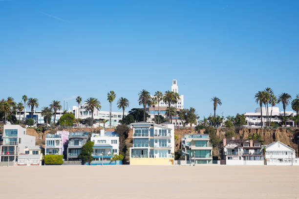 Southern California Beach Houses A view of Santa Monica beach houses along the coast. santa monica stock pictures, royalty-free photos & images