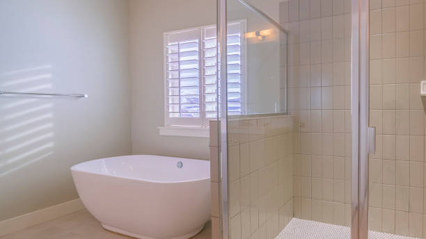 istock Panorama frame Spacious modern upmarket bathroom interior bright interior 1199551991