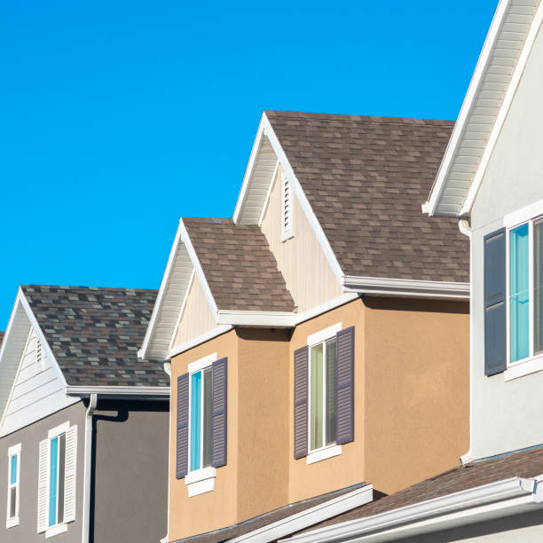 istock Square Row of upper floor house facades with shutters 1199553028