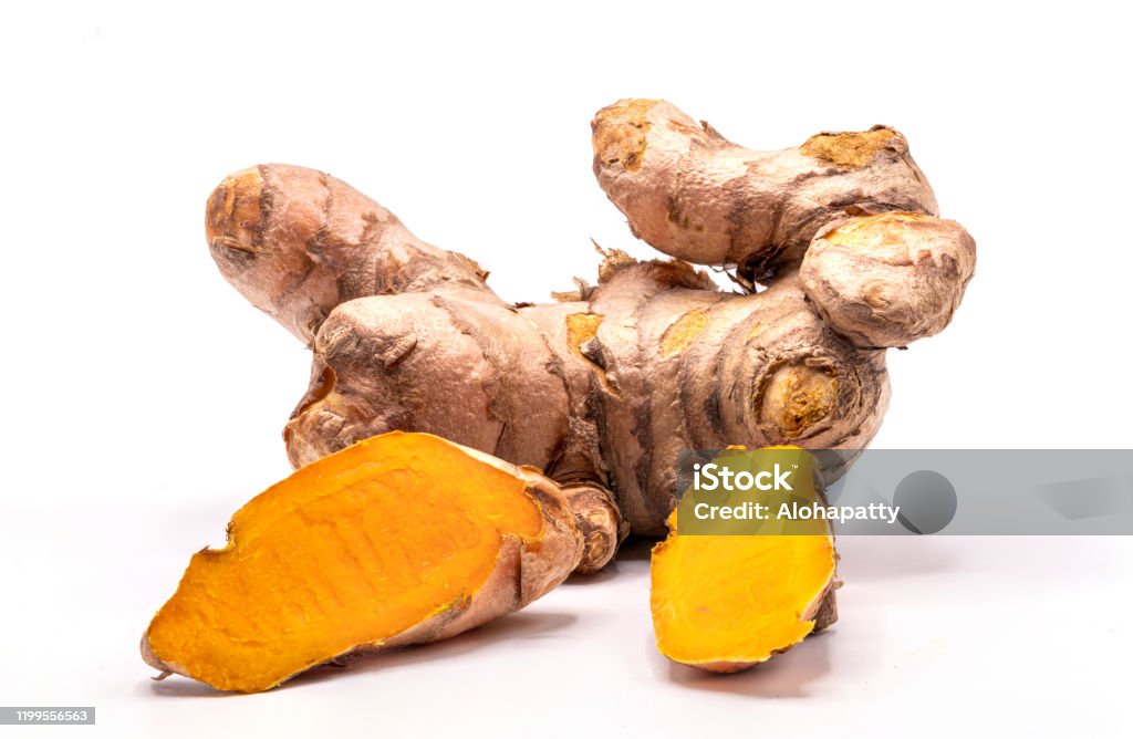 Turmanic Close Up Turmeric Root With Slices Isolate On White Background With ...