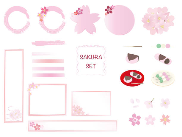 ilustrações, clipart, desenhos animados e ícones de frame definido com flor de cerejeira e ícones de doces japoneses. - cherry blossom blossom cherry tree sakura