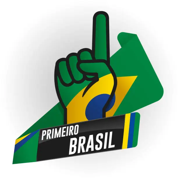 Vector illustration of PRIMEIRO BRASIL - FIRST BRAZIL in Portuguese language - on black background and hand with raised index finger, with the colors of the flag of Brazil, yellow, blue and green ribbon