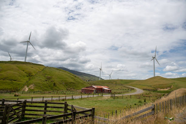 Wind turbine farm with a rural sheep farm and is outbuildings and stock yards Rural agricultural scenery of a farm and its sheep and cattle yards on the  hills and valleys with electricity generating wind turbines on the peaks country road sky field cloudscape stock pictures, royalty-free photos & images