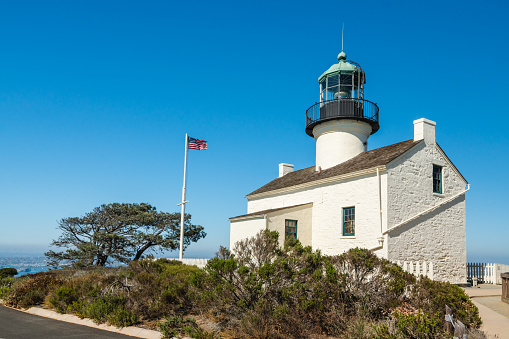Point Loma lighthouse, Cabrillo National Monument, San Diego Bay, California. San Diego, California, USA - August 13, 2019
