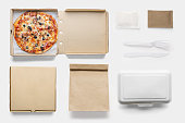 Concept of mock up pizza box set on white background. Copy space for text and logo. Set fast food.
