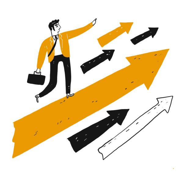 istock Leader with vision stands on a large orange arrow and charged ahead 1199570721