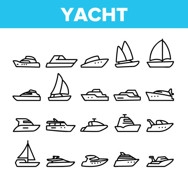 ilustraciones, imágenes clip art, dibujos animados e iconos de stock de iconos de la colección de transporte marítimo de yates set vector - yacht