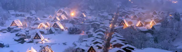 Winter Landscape of Shirakawago light-up with Snowfall Gifu Chubu Japan Panorama