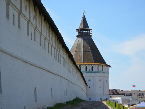 Wall and one of the watchtowers of the Astrakhan Kremlin. Astrakhan, Russia