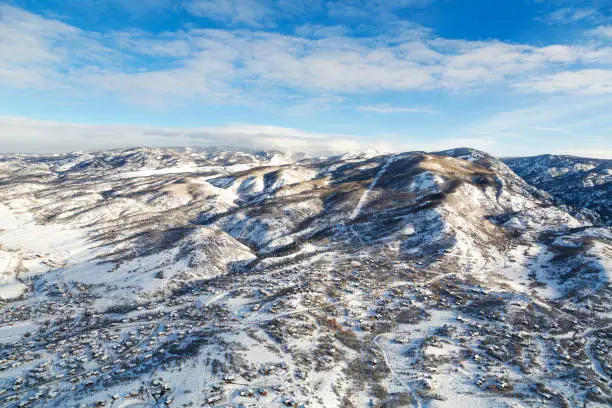 Steamboat springs, colorado town from a hot air ballon midair.