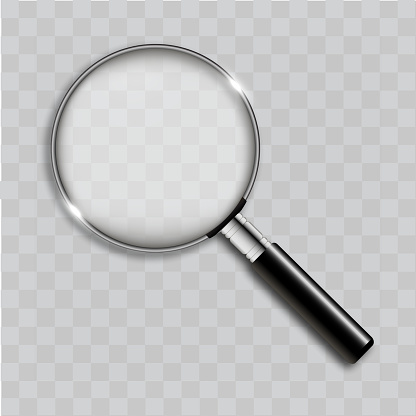 Realistic magnifying glass on transparent background. Vector.