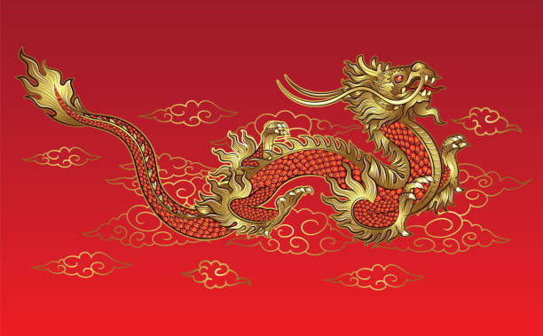 istock Hand drawn golden Chinese dragon with cloud on red background 1199578324