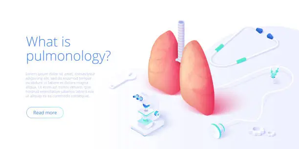 Vector illustration of Pulmonary function test illustration in isometric vector design. Pulmonology theme image with doctor analyzing lungs on monitor. Respiratory medical diagnostics. Web banner layout template.