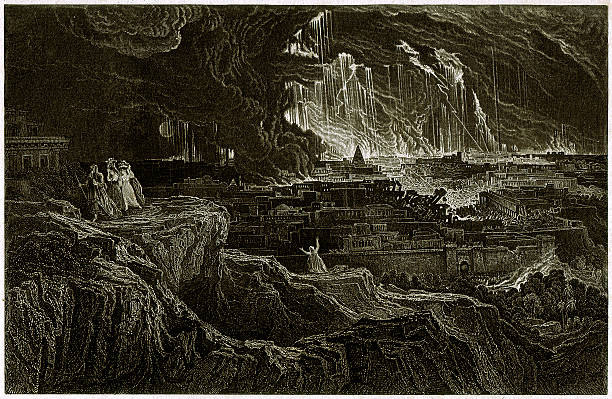 ilustraciones, imágenes clip art, dibujos animados e iconos de stock de sodom y gomorrah por f. martin, 1836 - zu hell