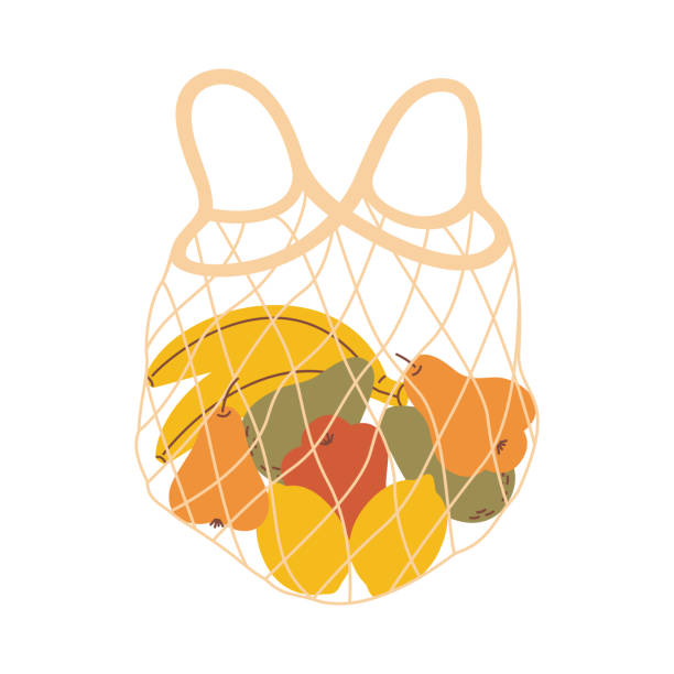 illustrations, cliparts, dessins animés et icônes de mesh sac écologique plein de fruits frais (citron, avocat, banane, poire). - tissu à mailles