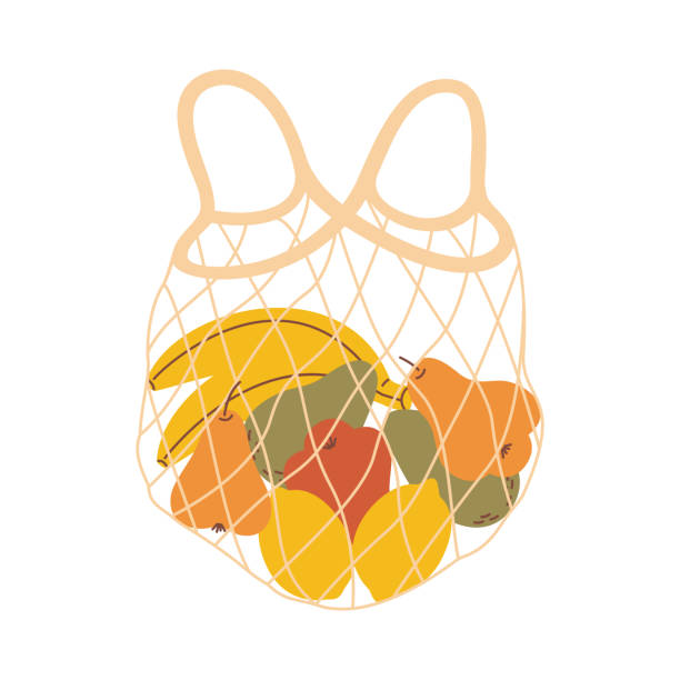 신선한 과일 (레몬, 아보카도, 바나나, 배)의 전체 메쉬 에코 가방. - 메쉬 stock illustrations