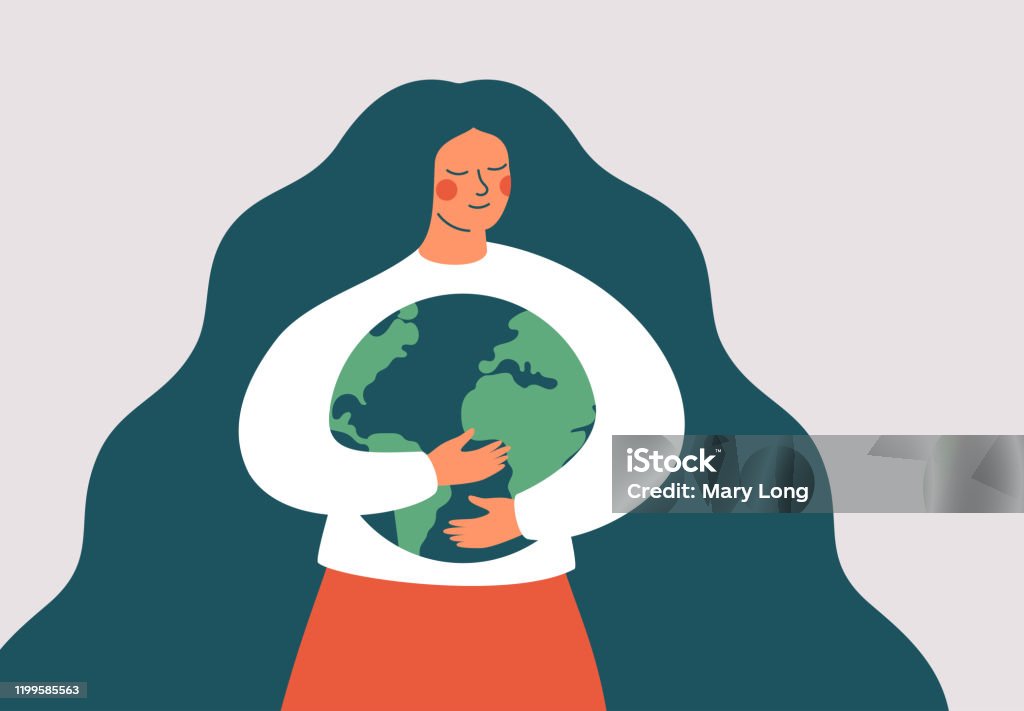 La giovane donna abbraccia il pianeta verde Terra con cura e amore. - arte vettoriale royalty-free di Giornata mondiale della Terra