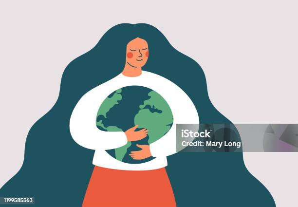 La Giovane Donna Abbraccia Il Pianeta Verde Terra Con Cura E Amore - Immagini vettoriali stock e altre immagini di Giornata mondiale della Terra