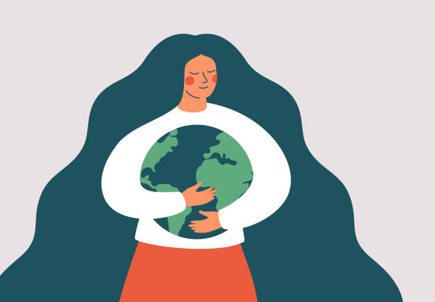 Young woman embraces green planet Earth with care and love. Young woman embraces green planet Earth with care and love. Vector illustration of Earth day and saving planet. Environment conservation and energy saving concept. sustainability stock illustrations