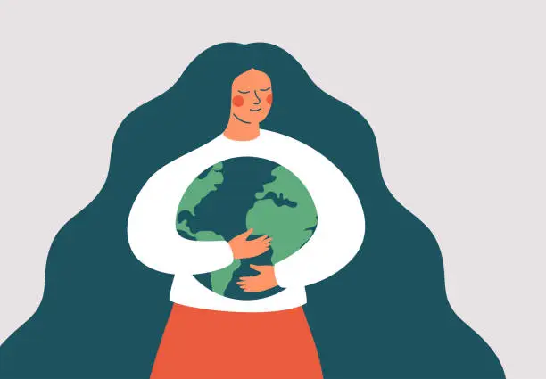 Vector illustration of Young woman embraces green planet Earth with care and love.