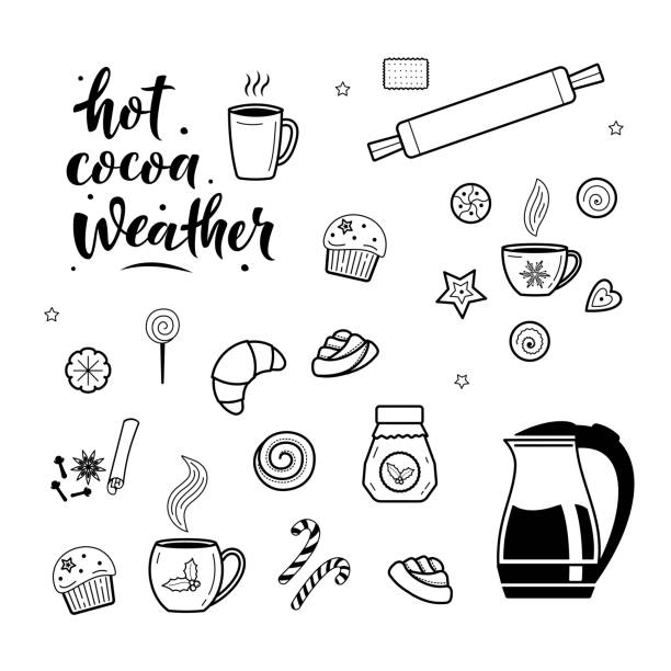 Big set of hot drinks and desserts elements. Hot cocoa weather Big set of hot drinks and desserts elements. Hot cocoa weather. Coffee, tea and dessert related line icons. For greeting cards, posters, stickers, seasonal design. Isolated on white cinnamon roll stock illustrations