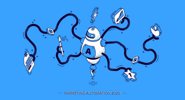 marketingautomatisierung 2020. technologie für seo - roboter grafiken stock-grafiken, -clipart, -cartoons und -symbole