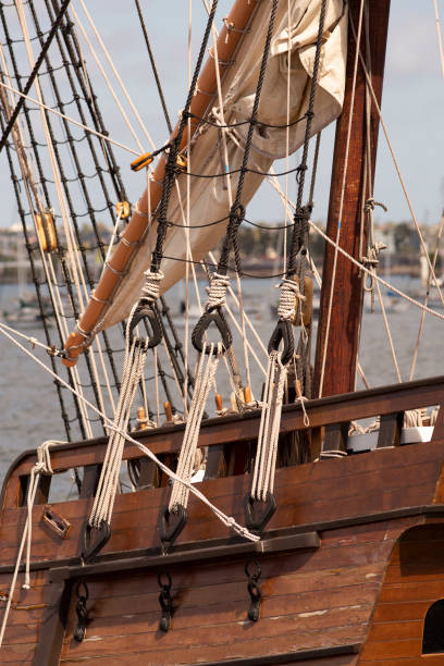 istock Masts, sails, and rigging on old wooden sailing ship 1199587470