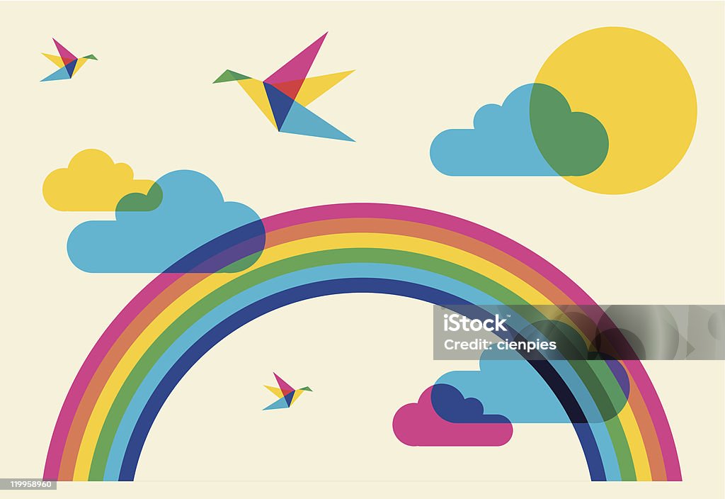 Colorido humming aves y rainbow - arte vectorial de Arco iris libre de derechos